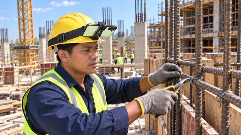 Worker with a phone strapped to the head