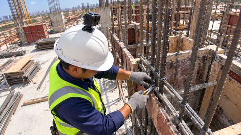 Construction worker wearing a camera on a hard hat