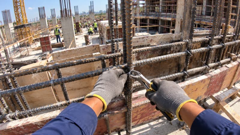 First-person view of hands tying rebar on a construction site